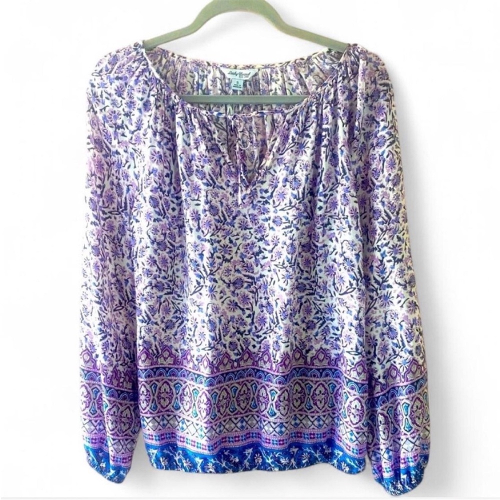 LUCKY BRAND BORDER PRINT PEASANT BOHO HIPPIE LONG SLEEVE TOP BLUE PURPLE SMALL